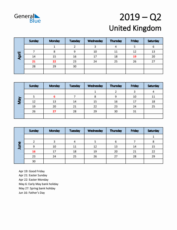 Free Q2 2019 Calendar for United Kingdom - Sunday Start