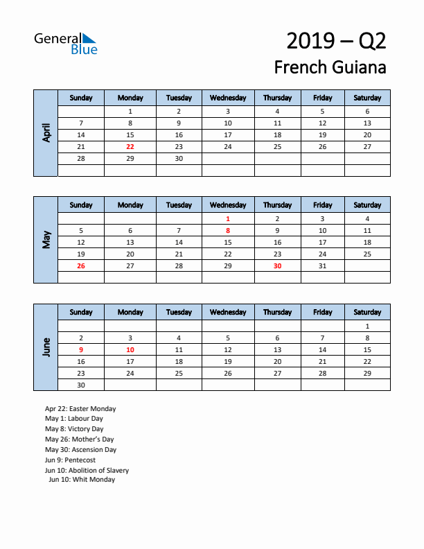 Free Q2 2019 Calendar for French Guiana - Sunday Start