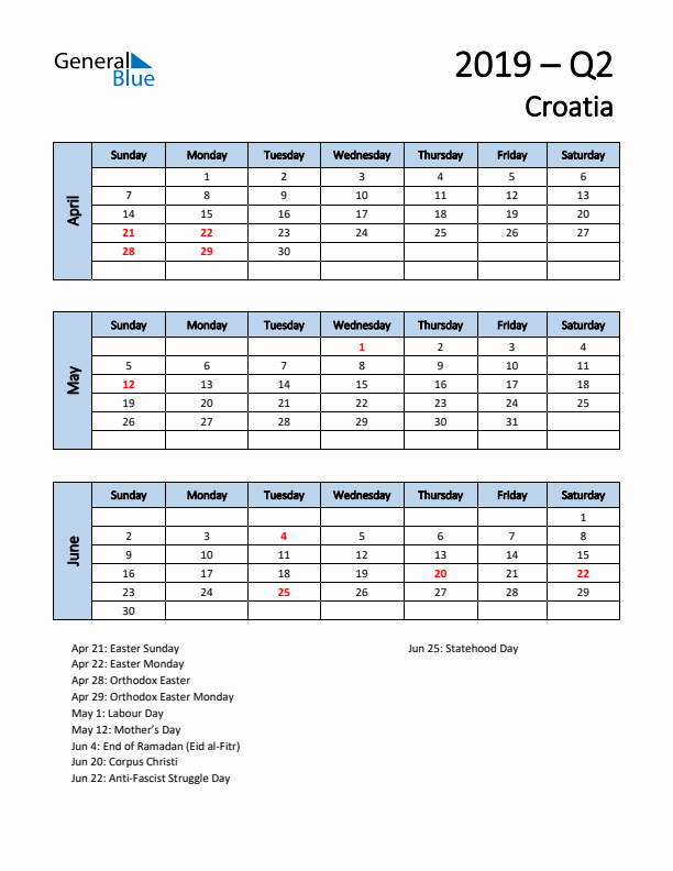 Free Q2 2019 Calendar for Croatia - Sunday Start