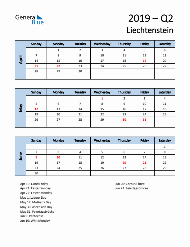 Free Q2 2019 Calendar for Liechtenstein - Sunday Start
