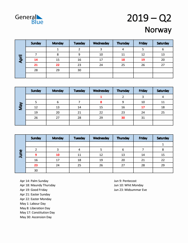 Free Q2 2019 Calendar for Norway - Sunday Start