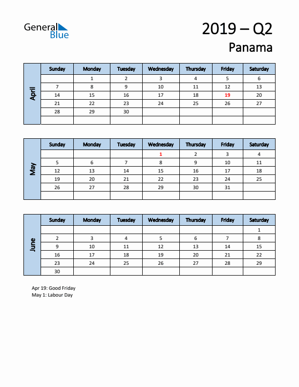 Free Q2 2019 Calendar for Panama - Sunday Start