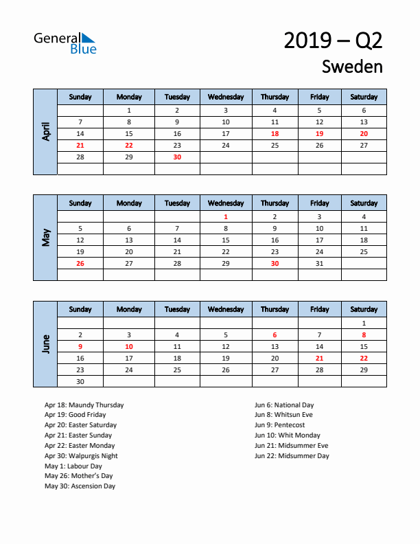 Free Q2 2019 Calendar for Sweden - Sunday Start