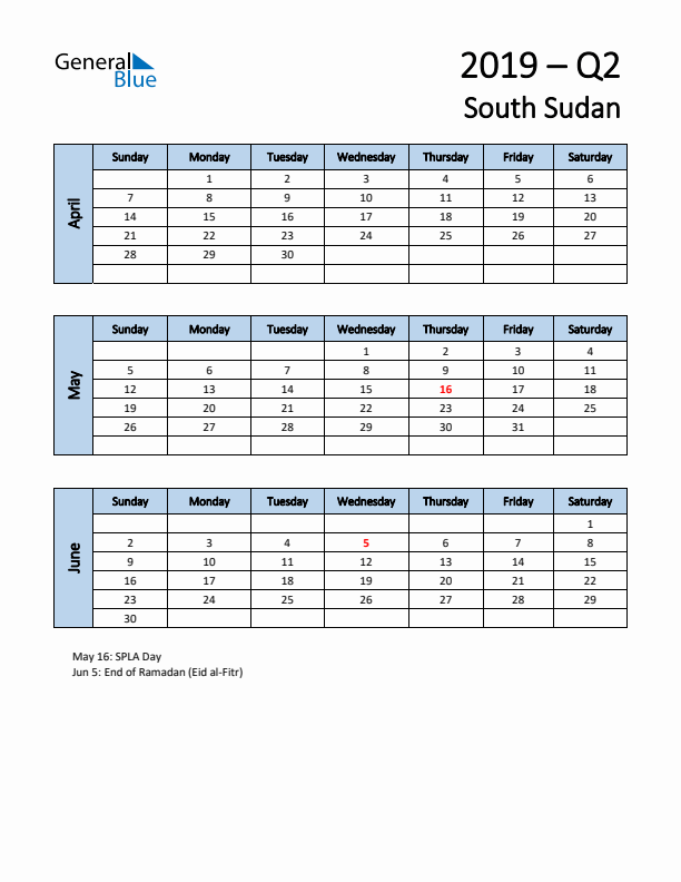Free Q2 2019 Calendar for South Sudan - Sunday Start