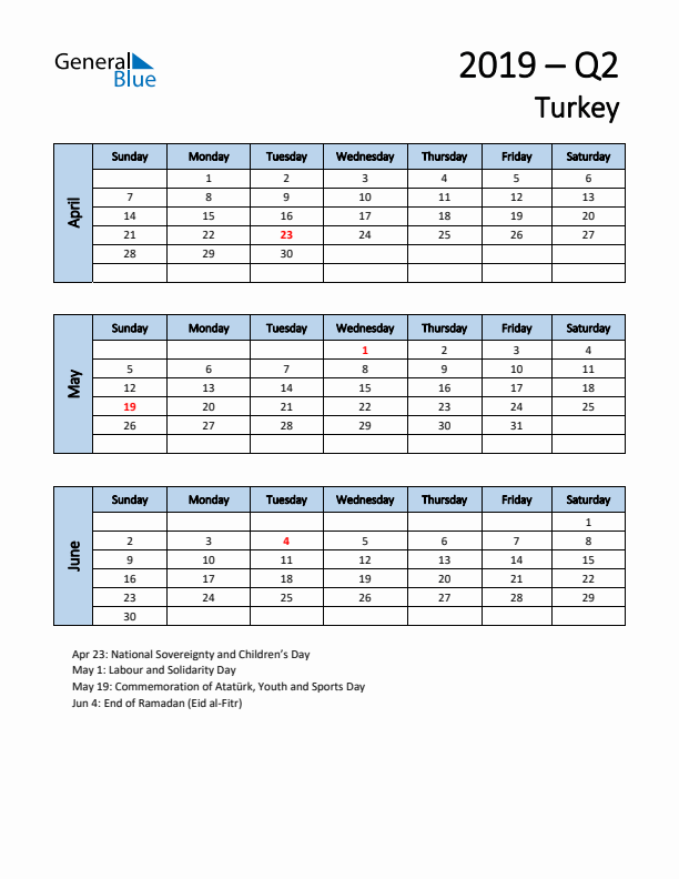 Free Q2 2019 Calendar for Turkey - Sunday Start