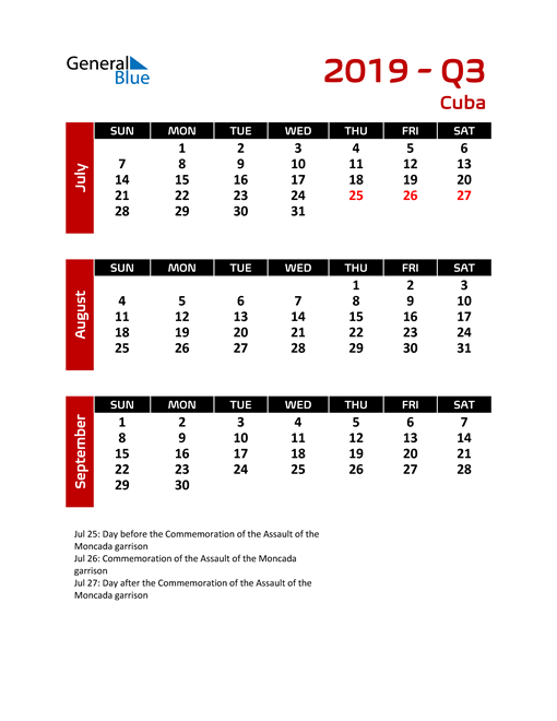  Q3 2019 Calendar with Holidays