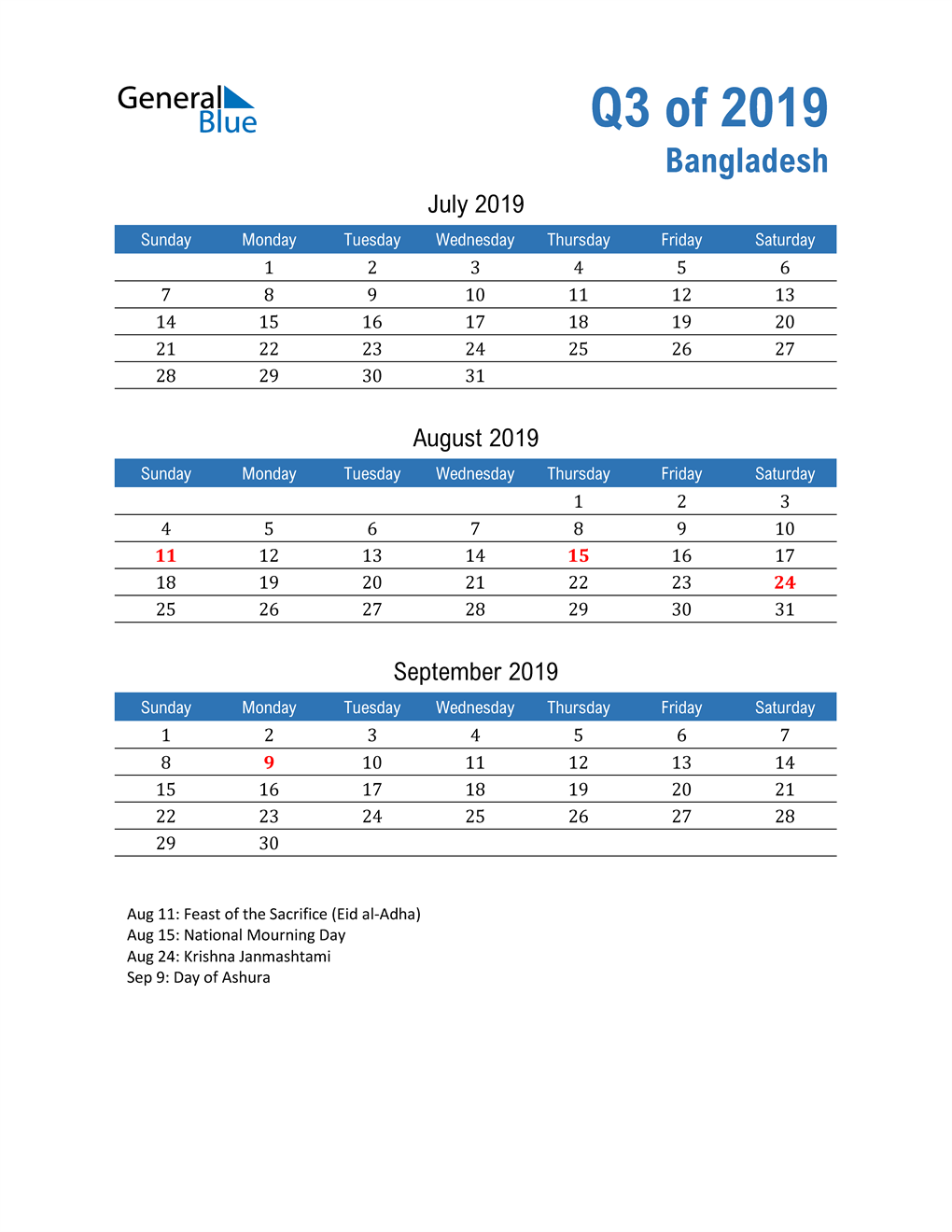  Bangladesh 2019 Quarterly Calendar 