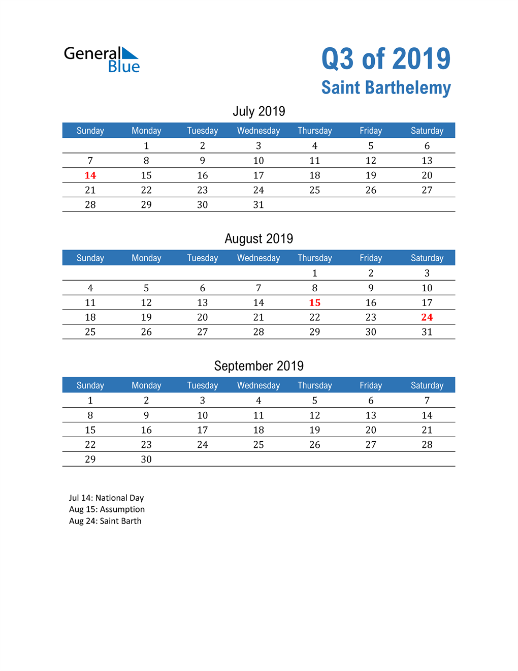  Saint Barthelemy 2019 Quarterly Calendar 