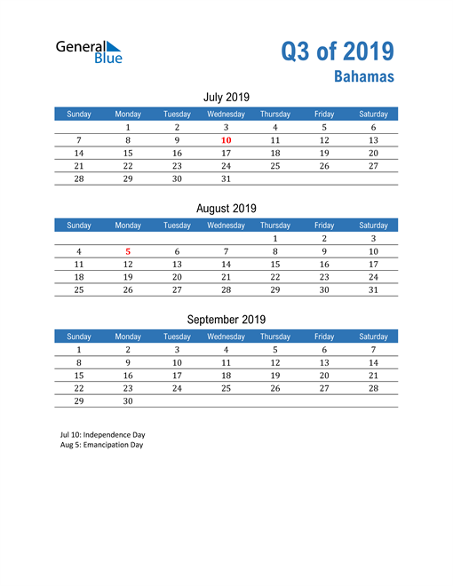  Bahamas 2019 Quarterly Calendar 