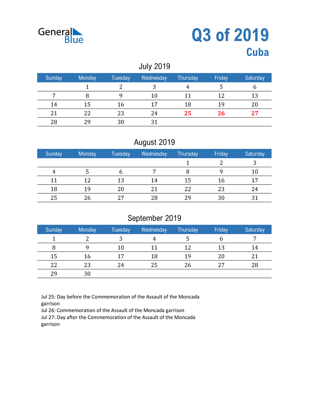  Cuba 2019 Quarterly Calendar 
