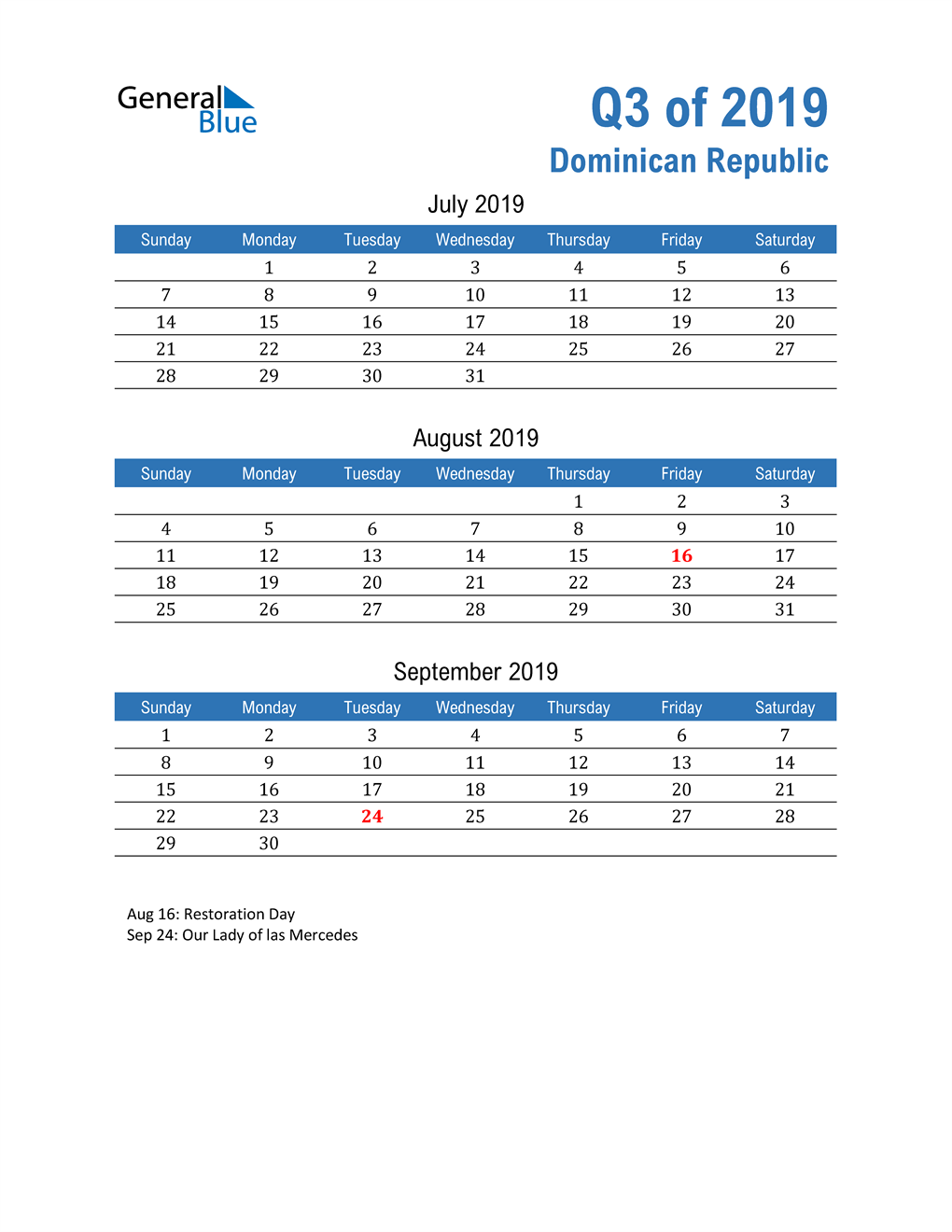  Dominican Republic 2019 Quarterly Calendar 
