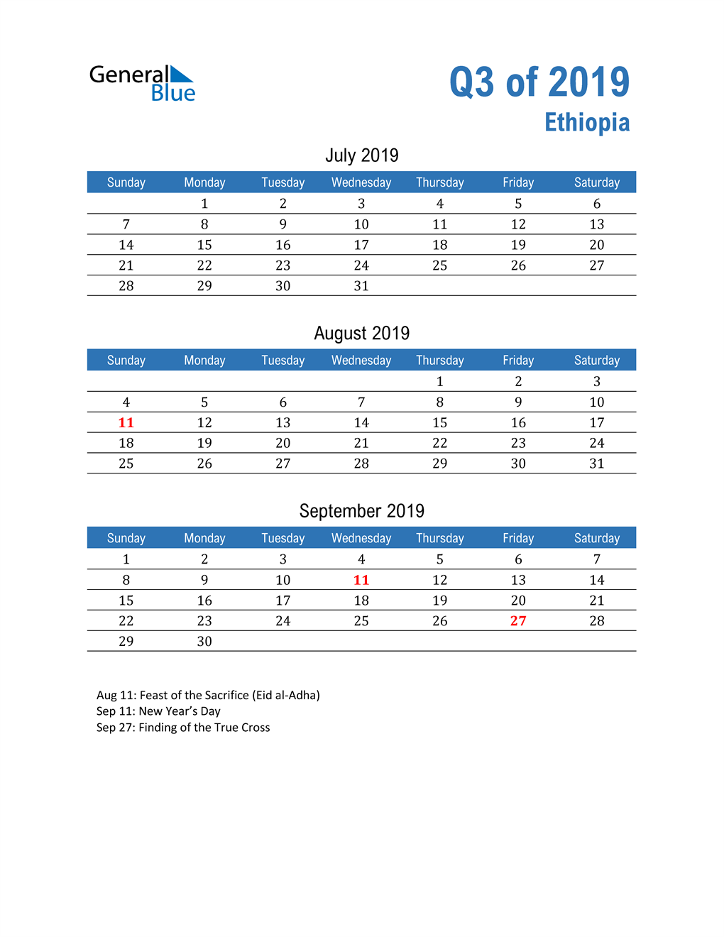  Ethiopia 2019 Quarterly Calendar 