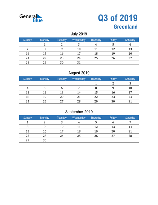  Greenland 2019 Quarterly Calendar 