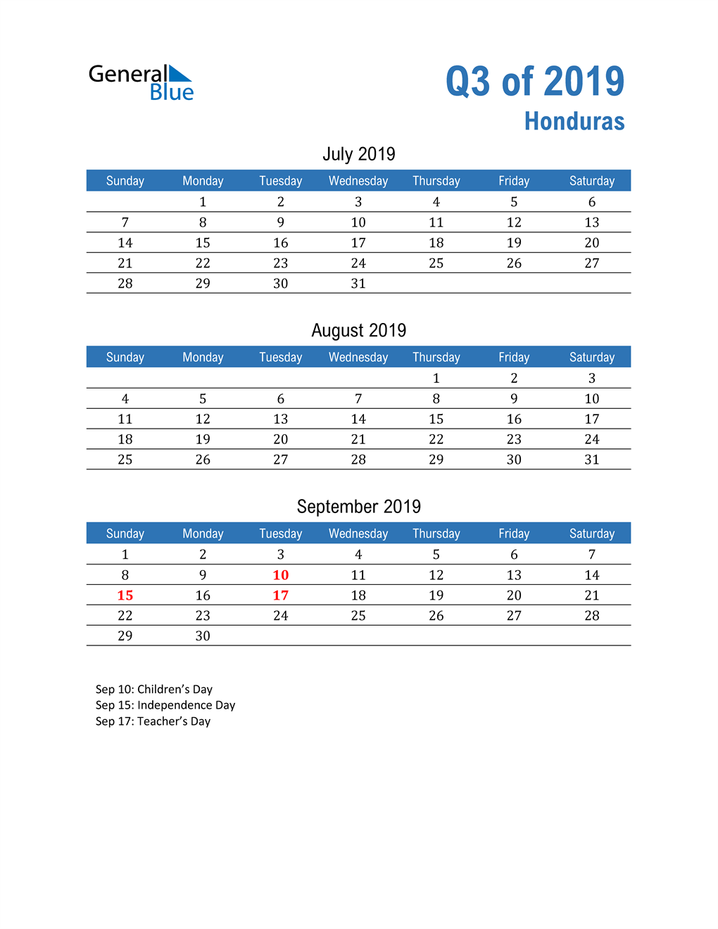  Honduras 2019 Quarterly Calendar 