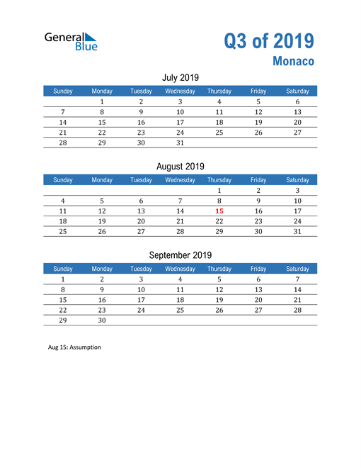  Monaco 2019 Quarterly Calendar 