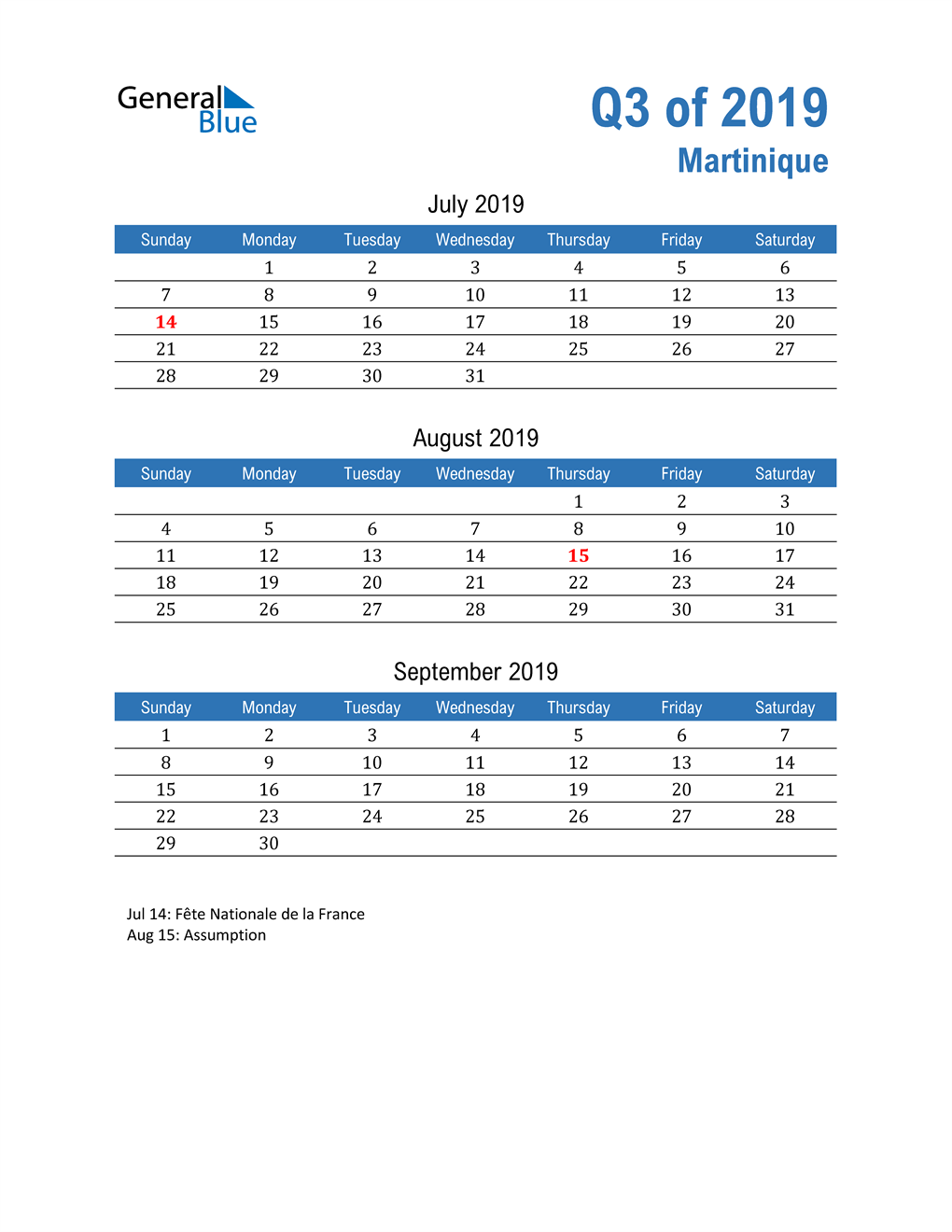  Martinique 2019 Quarterly Calendar 