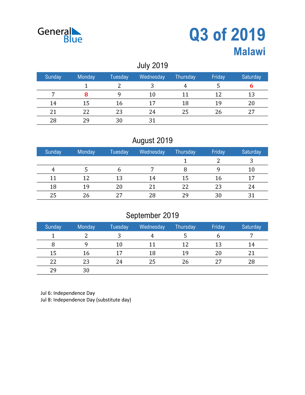  Malawi 2019 Quarterly Calendar 