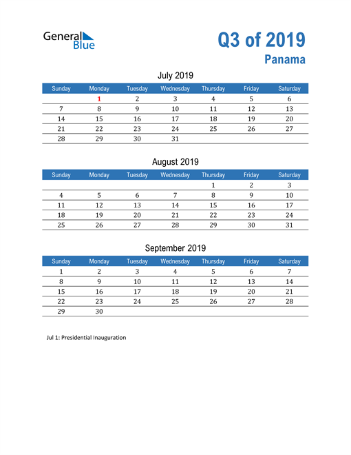  Panama 2019 Quarterly Calendar 