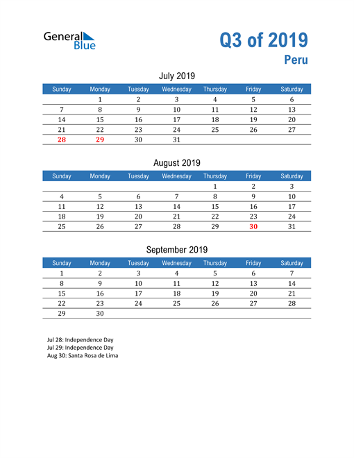  Peru 2019 Quarterly Calendar 