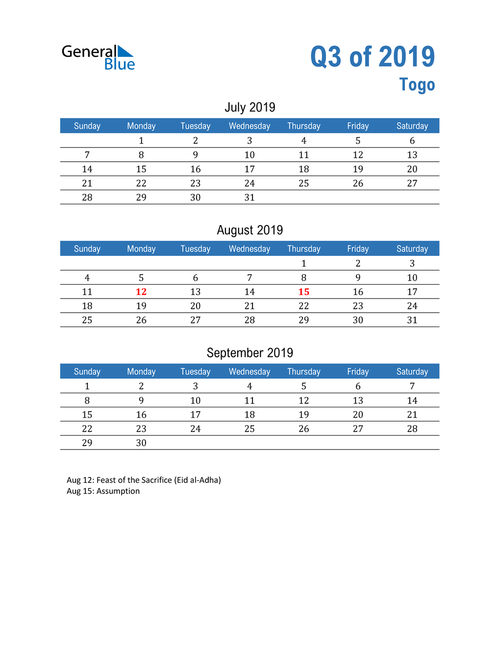  Togo 2019 Quarterly Calendar 