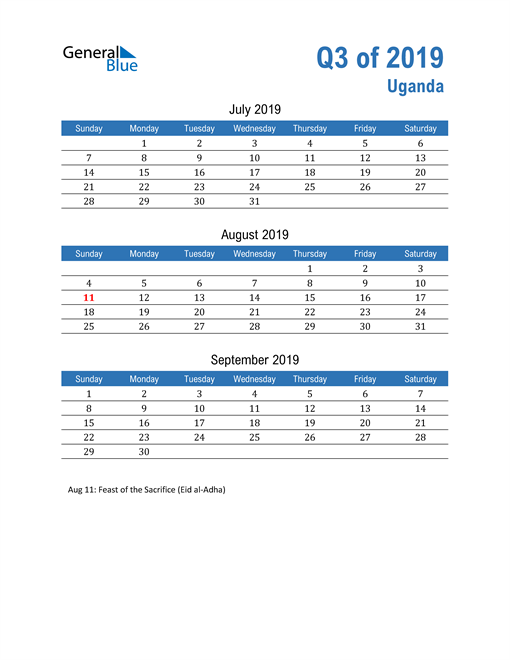  Uganda 2019 Quarterly Calendar 
