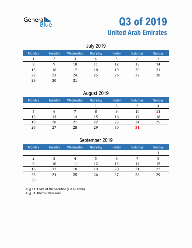 United Arab Emirates 2019 Quarterly Calendar with Monday Start