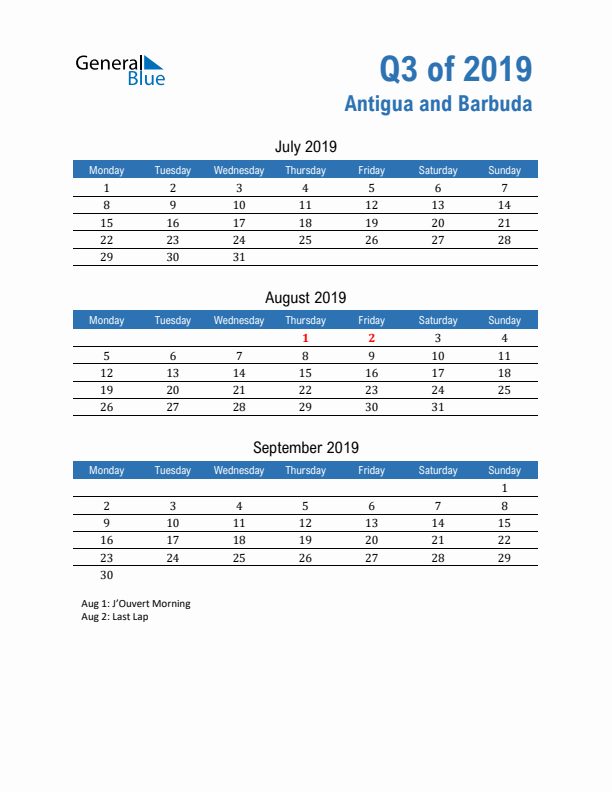 Antigua and Barbuda 2019 Quarterly Calendar with Monday Start