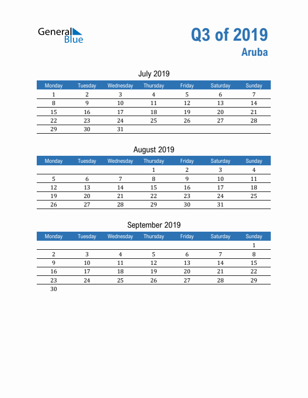 Aruba 2019 Quarterly Calendar with Monday Start