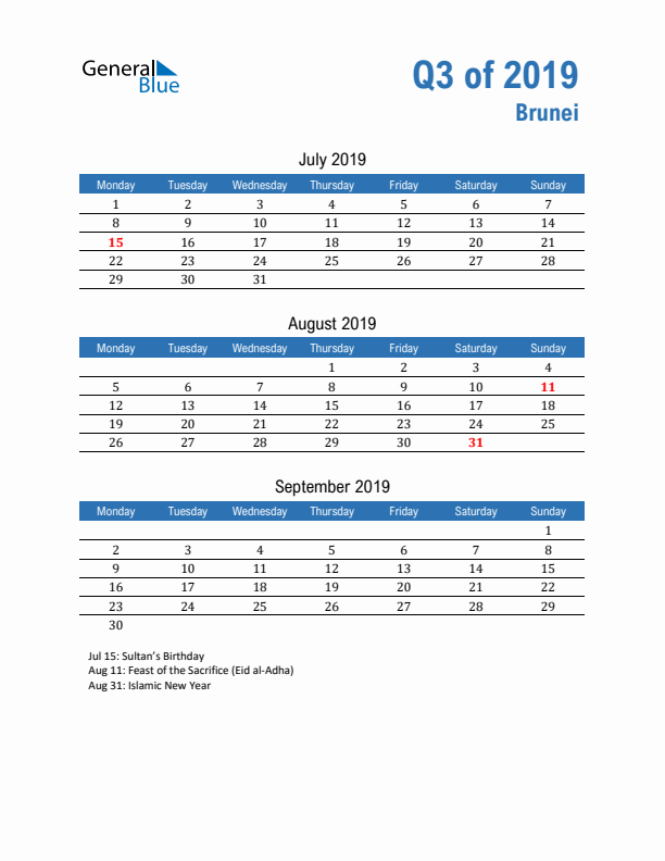 Brunei 2019 Quarterly Calendar with Monday Start