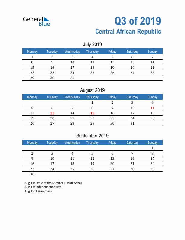 Central African Republic 2019 Quarterly Calendar with Monday Start