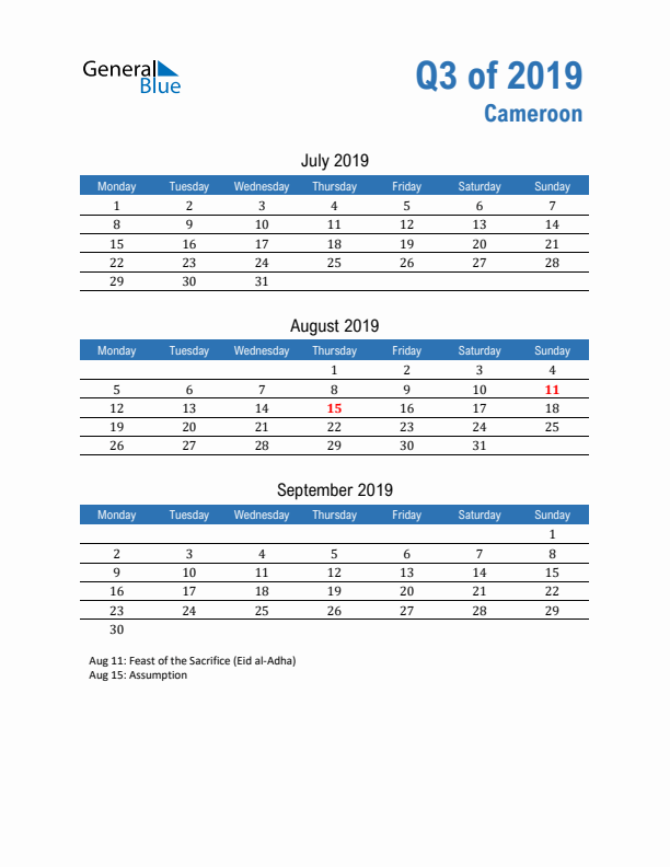 Cameroon 2019 Quarterly Calendar with Monday Start