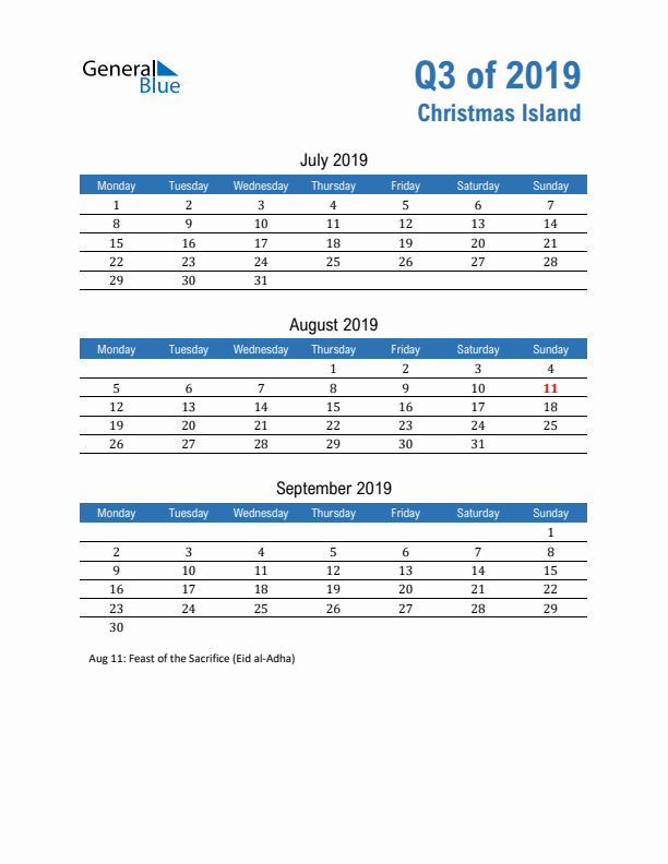 Christmas Island 2019 Quarterly Calendar with Monday Start