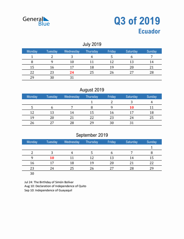 Ecuador 2019 Quarterly Calendar with Monday Start