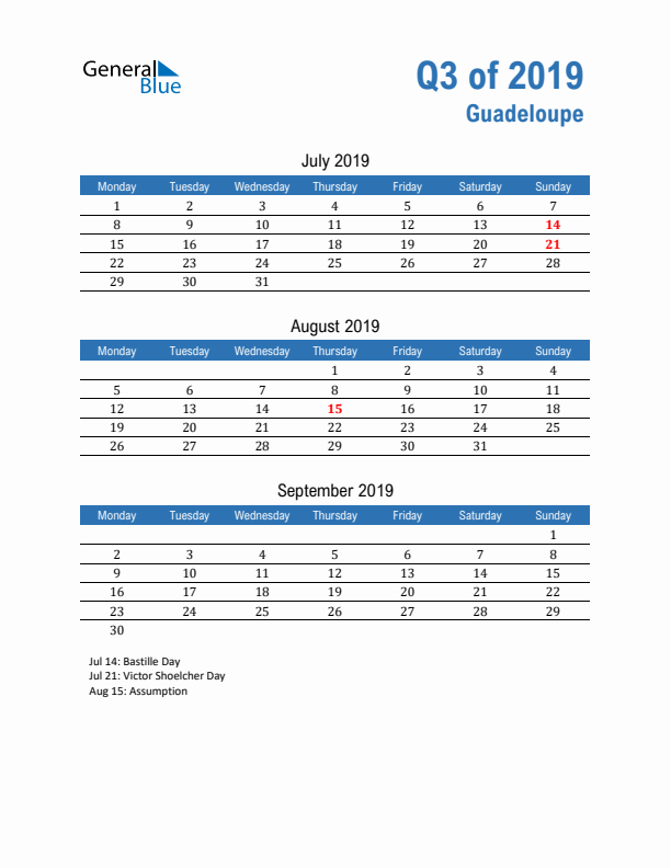 Guadeloupe 2019 Quarterly Calendar with Monday Start