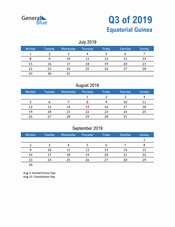 Equatorial Guinea 2019 Quarterly Calendar with Monday Start