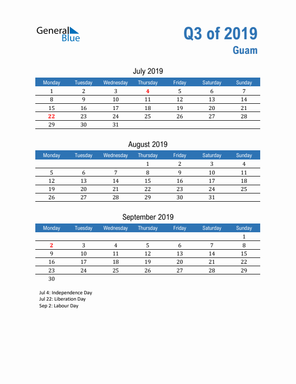 Guam 2019 Quarterly Calendar with Monday Start