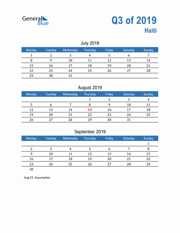 Haiti 2019 Quarterly Calendar with Monday Start