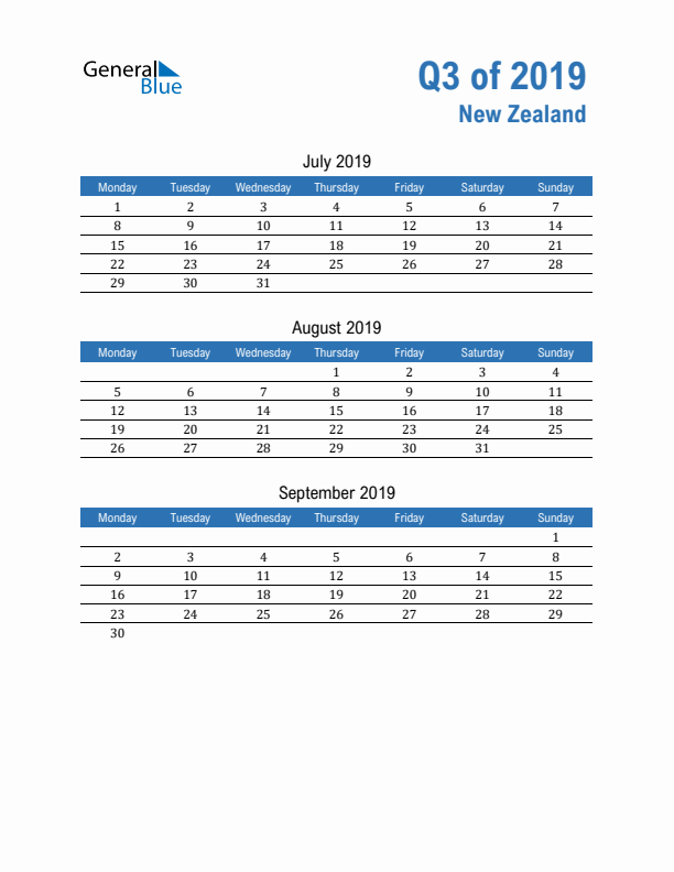 New Zealand 2019 Quarterly Calendar with Monday Start