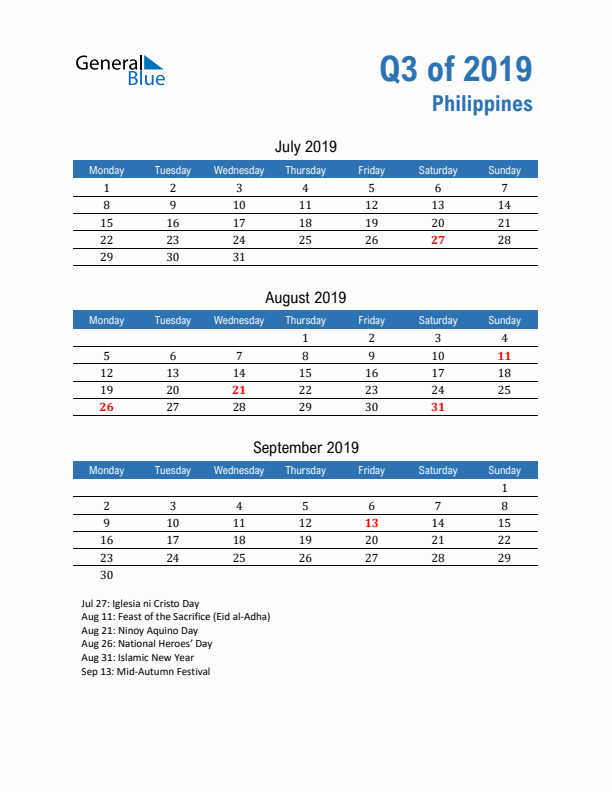 Philippines 2019 Quarterly Calendar with Monday Start