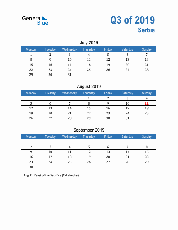 Serbia 2019 Quarterly Calendar with Monday Start