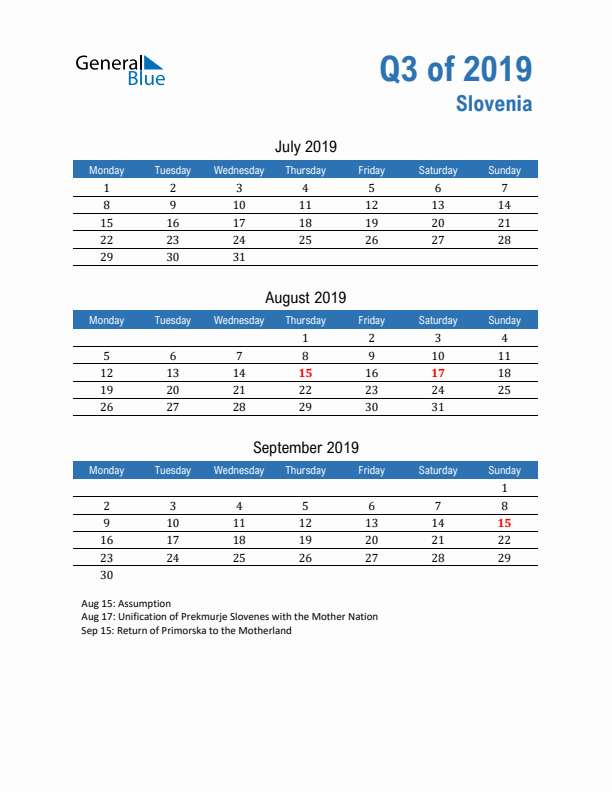 Slovenia 2019 Quarterly Calendar with Monday Start