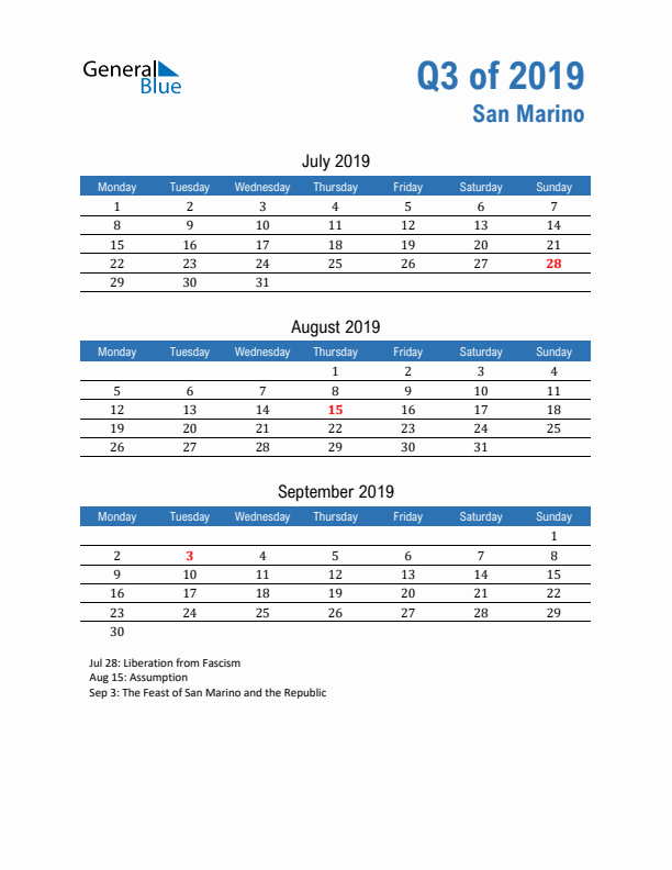 San Marino 2019 Quarterly Calendar with Monday Start