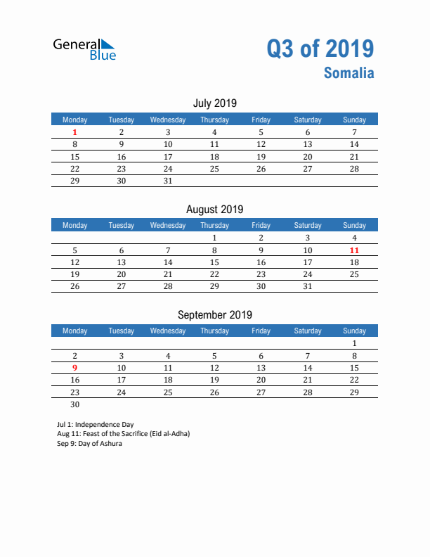 Somalia 2019 Quarterly Calendar with Monday Start