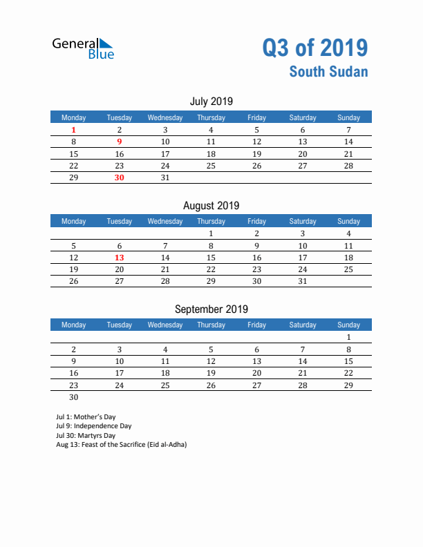 South Sudan 2019 Quarterly Calendar with Monday Start
