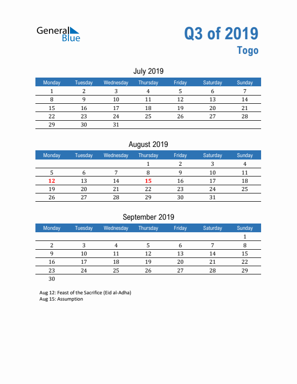 Togo 2019 Quarterly Calendar with Monday Start