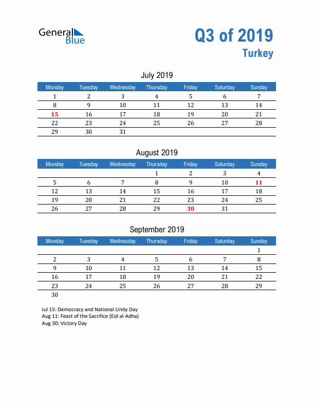 Turkey 2019 Quarterly Calendar with Monday Start