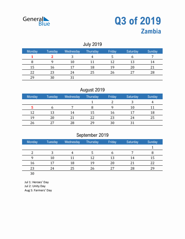 Zambia 2019 Quarterly Calendar with Monday Start