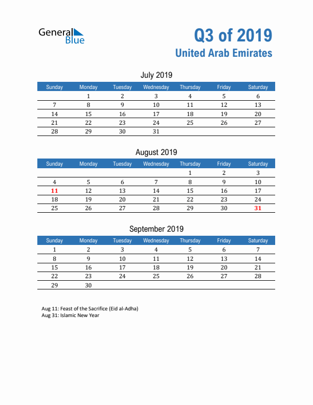 United Arab Emirates 2019 Quarterly Calendar with Sunday Start