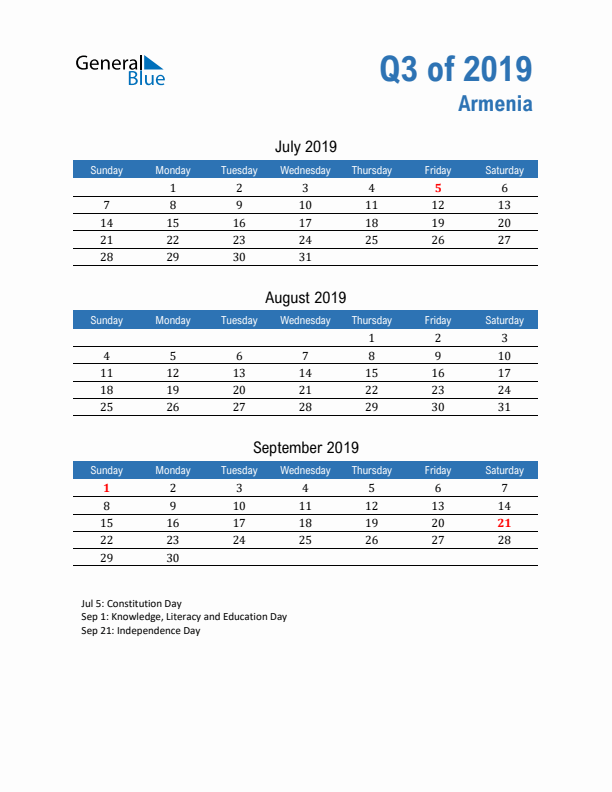 Armenia 2019 Quarterly Calendar with Sunday Start