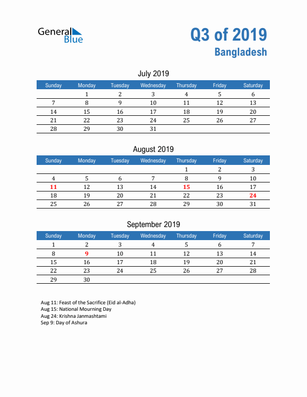Bangladesh 2019 Quarterly Calendar with Sunday Start